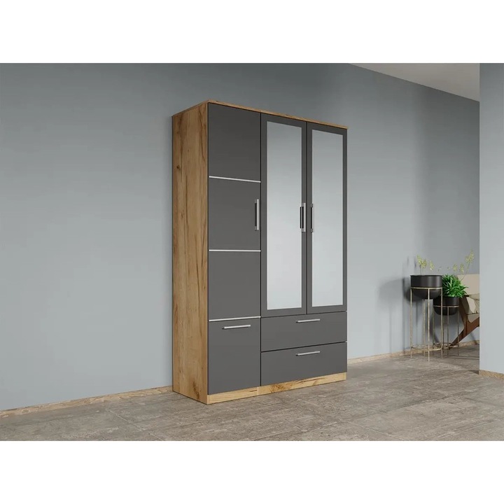 Dulap dormitor, Stejar Auriu cu Gri, 3U, Oglinda, Acapulco, Pal Melaminat