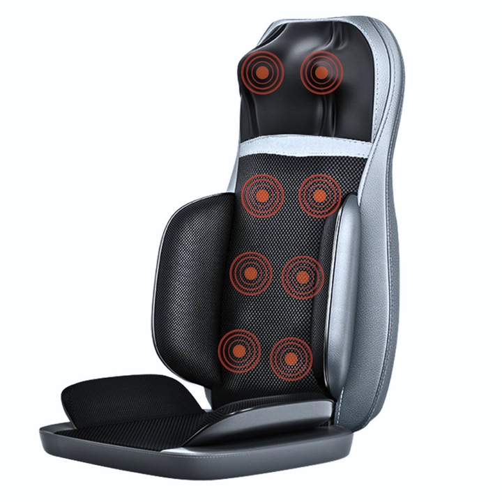 Husa de scaun pentru masaj Shiatsu 2D 3D QUAL BRAND®, cu functie de incalzire si masaj, cu role mobile si presiune, telecomanda inclusa, masare gat, umeri, spate si coapse, pentru relaxare, pentru dureri de gat, umeri, spate si sezut, Gri