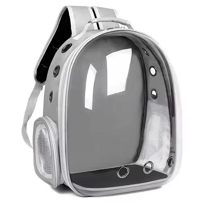 Раница за транспортиране на животни Teno®, максимално тегло 7 кг, прозрачен панорамен прозорец, страничен джоб, 2 изхода, за малка талия, сива