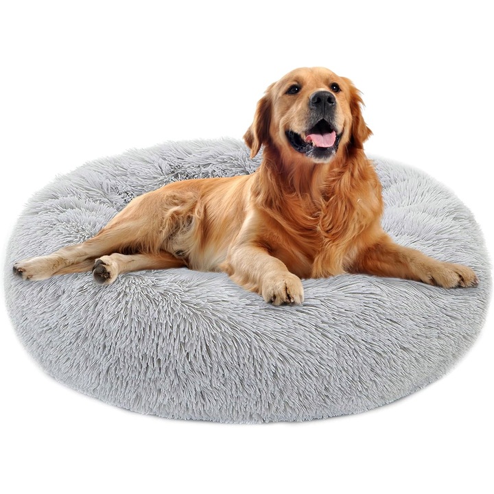 Pat rotund pentru caini si pisici Purefun, 80 cm, lavabil, baza antialunecare, catifea pufoasa, culoare Gri