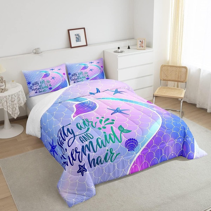 Set lenjerie de pat multicolora cu model sirena, 3 piese, 240x260 cm, 75x50 cm, Erosebridal