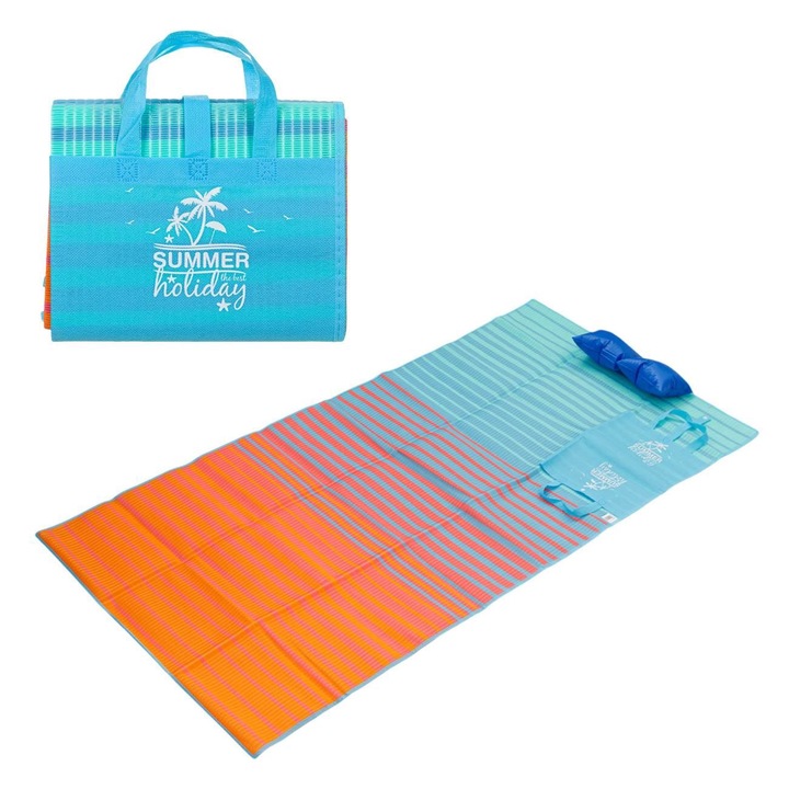 Постелка за плаж Shopiens®, сгъваема, изработена от синя пластмаса с оранжеви и ciel градиенти и надуваема възглавница, 180 x 86 cm