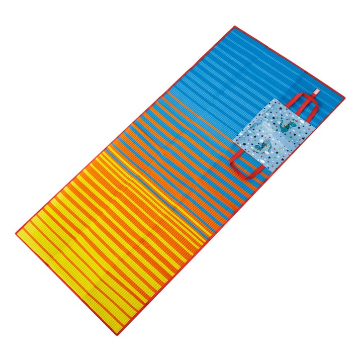 Shopiens® összecsukható táska típusú szőnyeg gyerekeknek, kék-narancssárga műanyag dinoszaurusz mintával, 150 x 75 cm