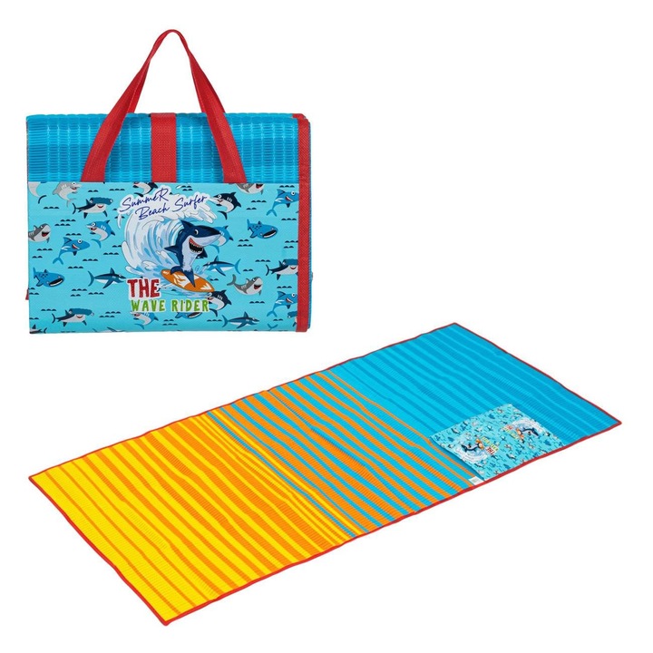 Постелка тип торба Shopiens, Детска, Сгъваема, Пластмаса, Шарка на акула, 150 x 75 см, Син/Жълт