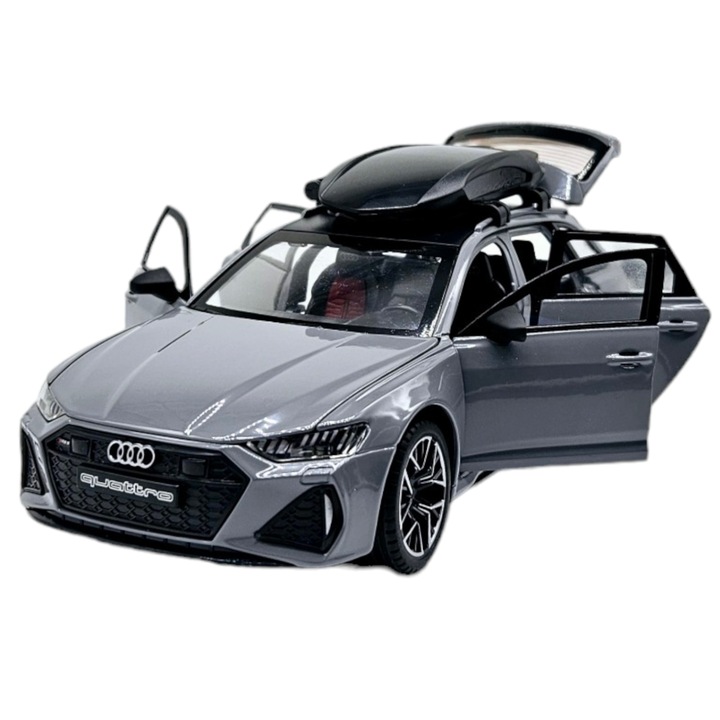 Метална кола Audi RS7 с мобилен багажник, Реалистични звуци, Светят фарове и стопове, Отворени врати, капак и багажник, Включени батерии, 21 см, Сив