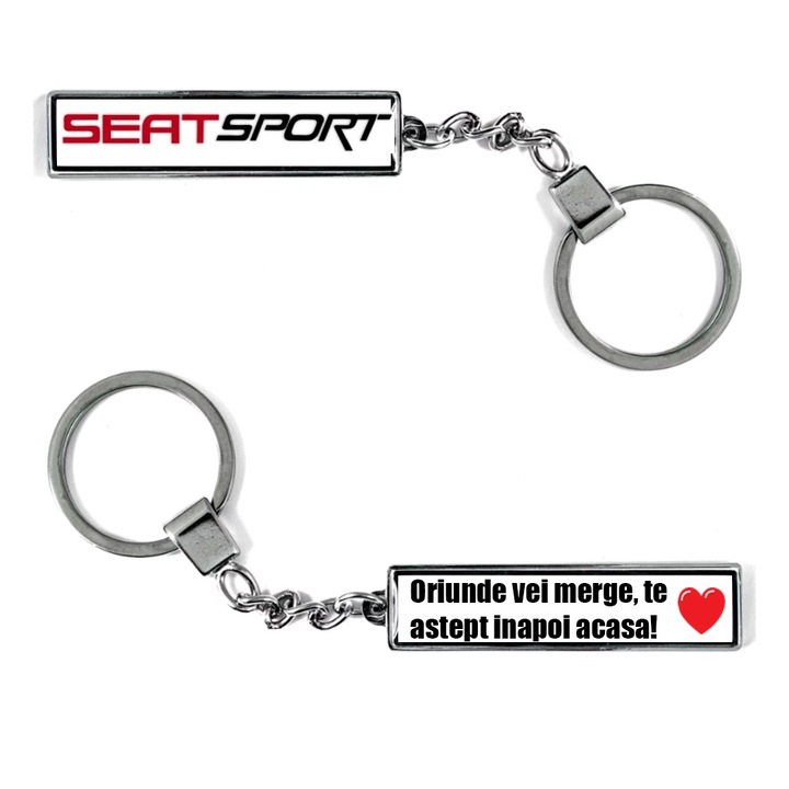 Breloc metalic Auto model Logo Seat sport cu mesaj: Oriunde vei merge te astept inapoi acasa, Betaprint, Argintiu
