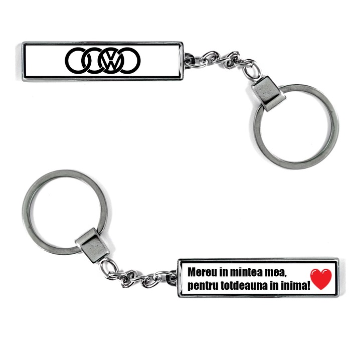 Breloc metalic Auto model Logo audi vw cu mesaj: Mereu in mintea mea, pentru totdeauna in inima, Argintiu