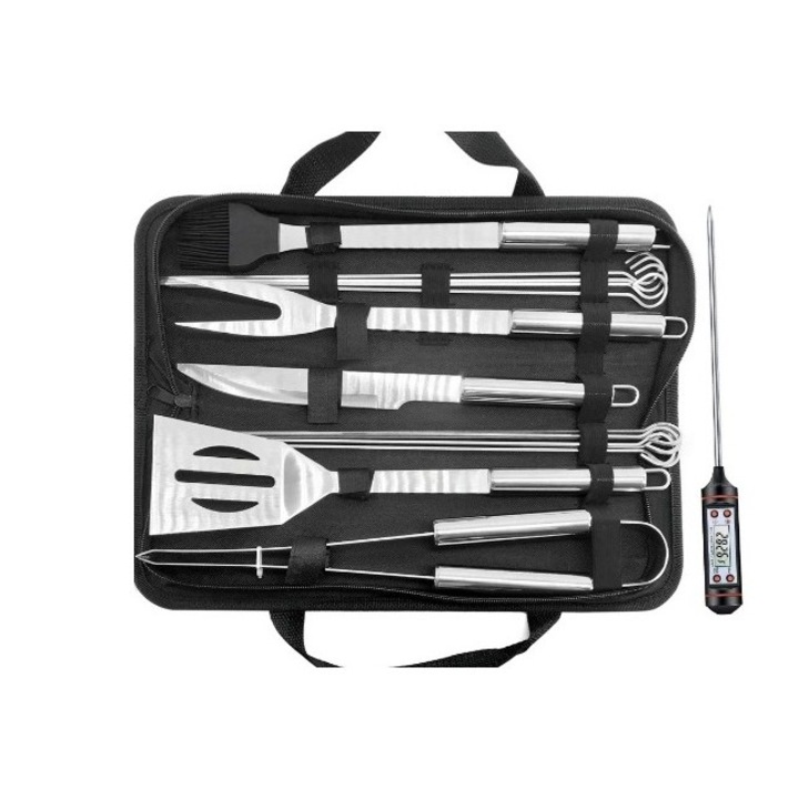 Set 14 Ustensile pentru Gratar cu Termometru, By Fitilomania, din Otel Inoxidabil, Geanta Oxford, Argintiu