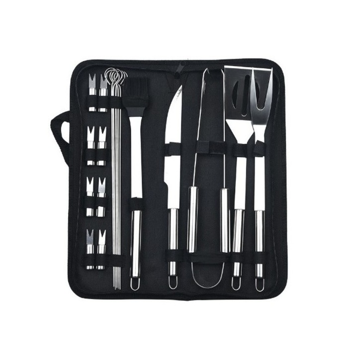 Set 18 ustensile pentru grătar din oțel inoxidabil, geantă Oxford, argintie, 38, 5x15x5cm