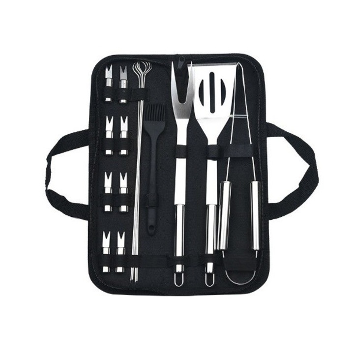 Set 16 Ustensile pentru Grătar, din Oțel Inoxidabil, Geantă Oxford, Argintiu, 38, 5x12x5cm