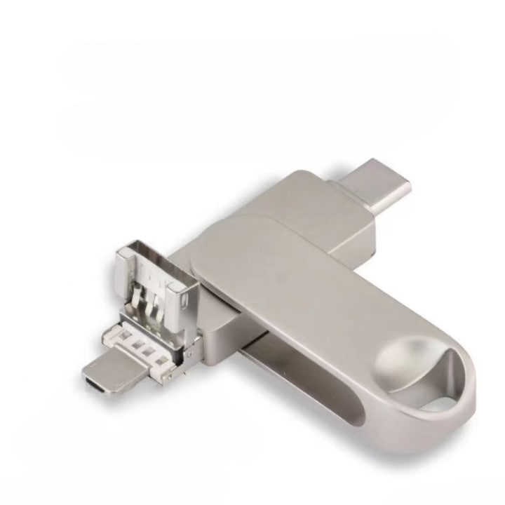 AFel® 3 az 1-ben pendrive, 128 GB, USB, MicroUSB, Type-C, Több eszközzel kompatibilis, Nagy átviteli sebesség, Forgó, Fémes, Ezüst