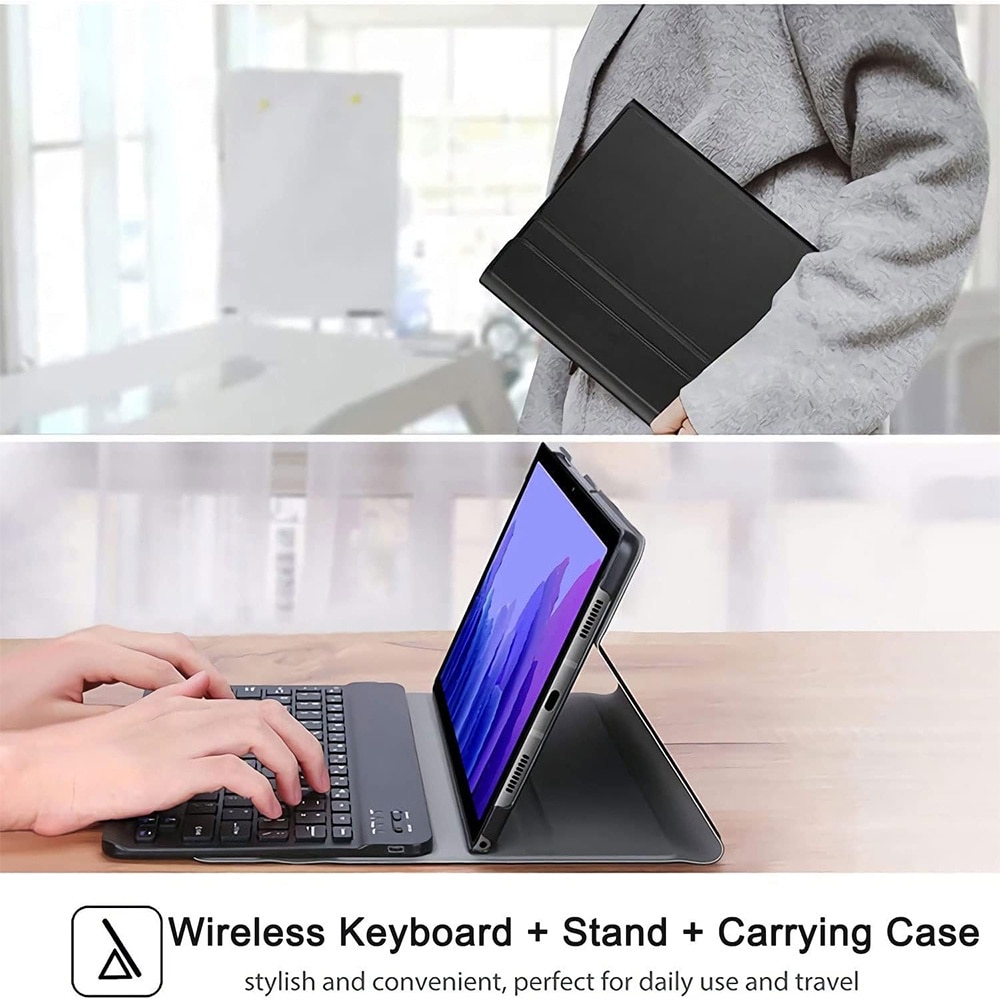 Husa cu tastatura si suport pen pentru Samsung Galaxy Tab S8 Ultra, Protectie fata-spate, Magnetizata, Suprafata mata, Anti-amprenta, Tastatura RGB wireless detasabila, Stand, Anti-soc, Piele vegana, Negru