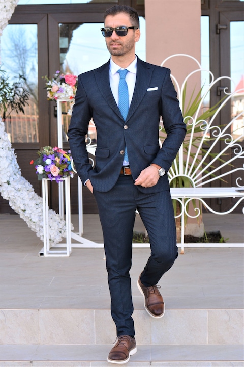 Costum barbat, Sunt Romanesc, slim fit, casual, bleumarin cu patratele turcoaz, marimea L