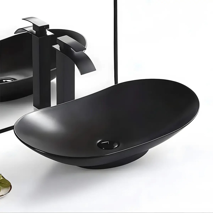 Lavoar pe blat Diplon WB6304 63.5x37cm din Portelan, Culoare Negru, Design Modern, Finisaj Mat