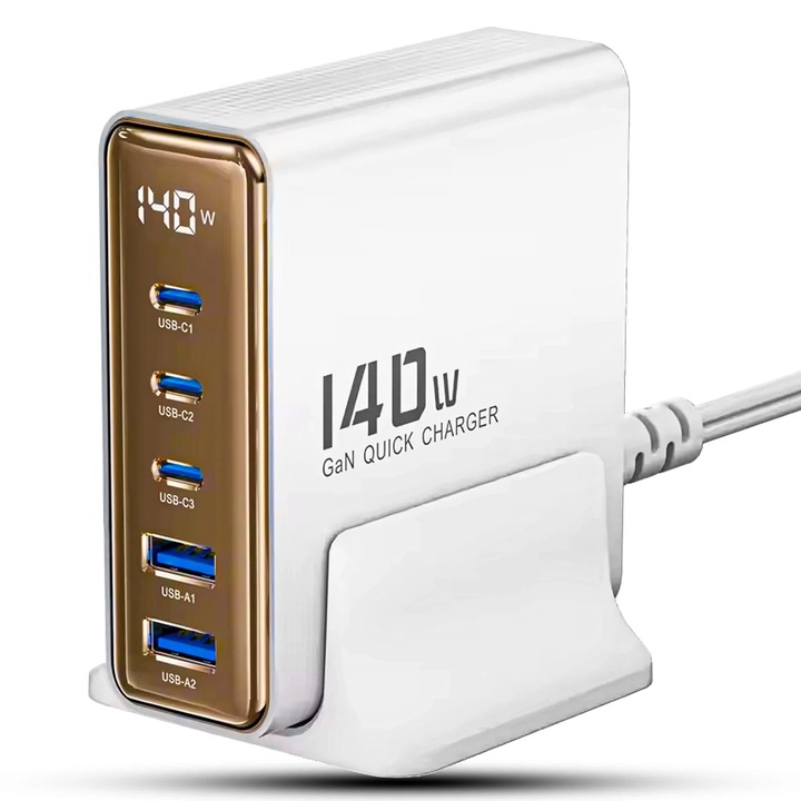 Incarcator Retea Timebox, 140W Fast Charge, cu 5 Porturi – 3 x Type-C si 2 x USB, Statie de Incarcare cu Afisaj LED, Incarcare Rapida pentru iPhone, Samsung, Huawei, Xiaomi, Design Modern, Alb/Auriu