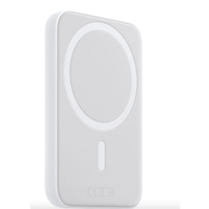 MagSafe mágneses vezeték nélküli töltő, iPhone kompatibilis, Hordozható, 5000 mAh, Gyorstöltés, Fehér