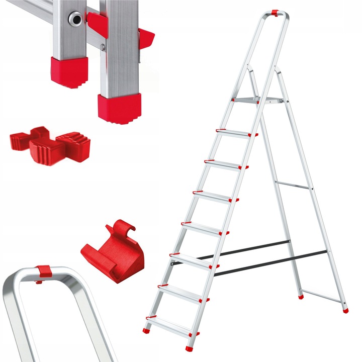 Scara pliabila din aluminiu, Baulich, 1 tronson, 1x8 trepte, inaltime 2,37 m, capacitate maxima 125 kg, durabila si stabila