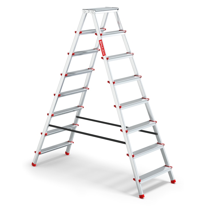 Scara pliabila, Baulich, aluminiu, 2x8 trepte, inaltime 1,78 m, capacitate maxima 125 kg, stabila si compacta, argintiu, pentru uz casnic