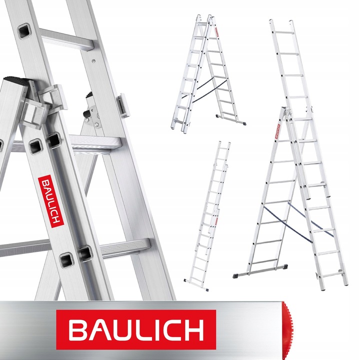 Scara pliabila, Baulich, aluminiu, 3x8 trepte, inaltime 402 cm, capacitate maxima 150 kg, argintiu, pentru uz casnic