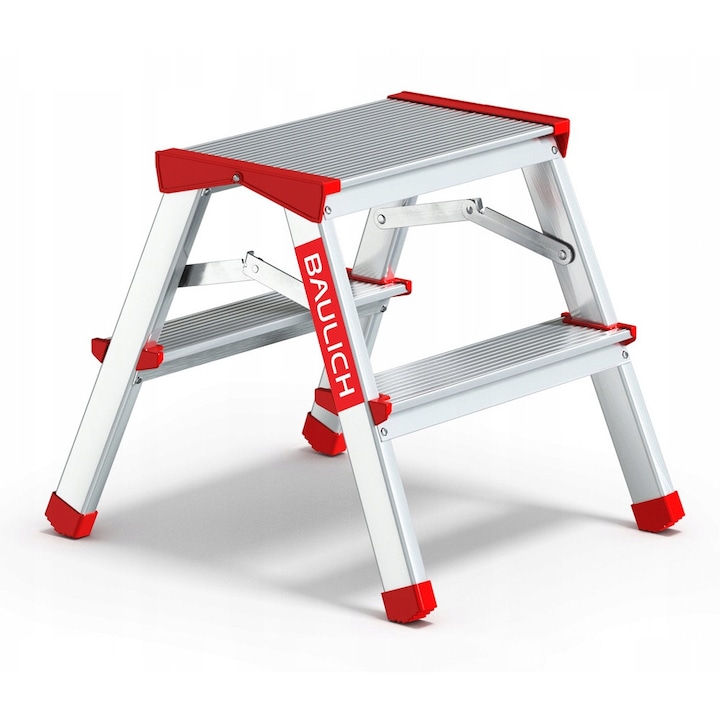 Scara pliabila, Baulich, aluminiu, 2x2 trepte, inaltime 41 cm, capacitate maxima 125 kg, compacta, argintiu, pentru uz casnic