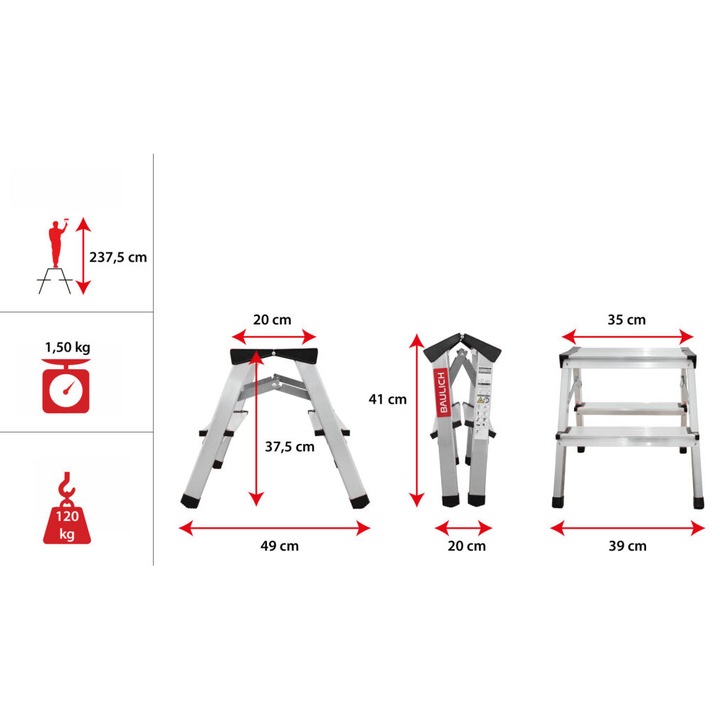 Scara pliabila, Baulich, aluminiu, 2x2 trepte, inaltime 41 cm, capacitate maxima 120 kg, compacta, argintiu, pentru uz casnic