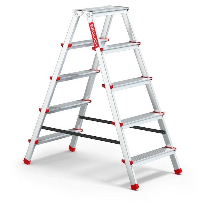 Scara pliabila, Baulich, aluminiu, 2x5 trepte, inaltime 110 cm, capacitate maxima 125 kg, stabila, argintiu, pentru uz casnic