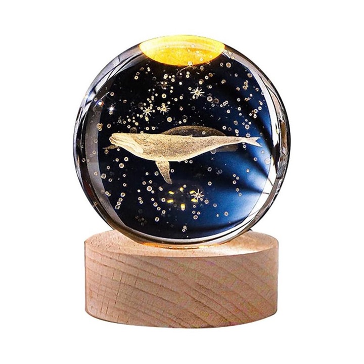 Mini glob decorativ din sticla BlueWhale Doty®, iluminat, design creativ, USB inclus, baza din lemn, 9 cm