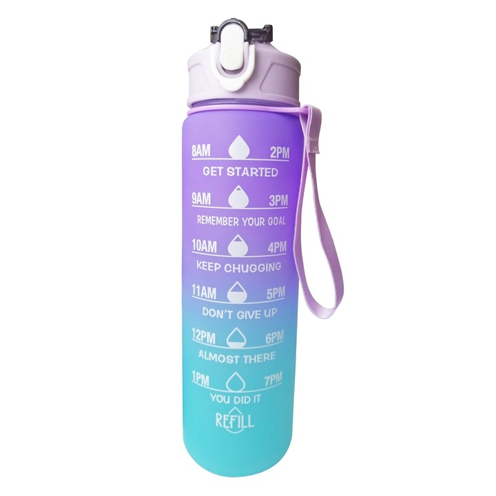 Sticla de apa cu pai, gradata, motivationala, cu maner, reutilizabila, 750 ml, Violet-Albastru