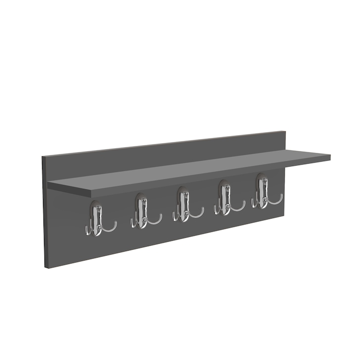 Cuier de perete cu 5 agatatori si polita, 70x25 cm, gri antracit
