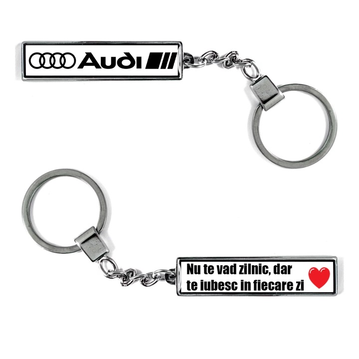 Breloc metalic Auto model Logo Audi cu mesaj: Nu te vad zilnic, dar te iubesc in fiecare zi, Argintiu