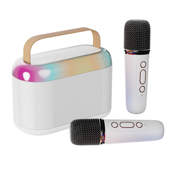 2 darabos mikrofon és hordozható okos karaoke hangszóró készlet gyerekeknek és felnőtteknek, Seezesol Solution™, vezeték nélküli, Bluetooth 5.3 kapcsolat, RGB táncoló színek, 2 mikrofon mellékelve, bulikra, MP3 lejátszó, 4 hangeffekt, 2000mAh akkumulátor