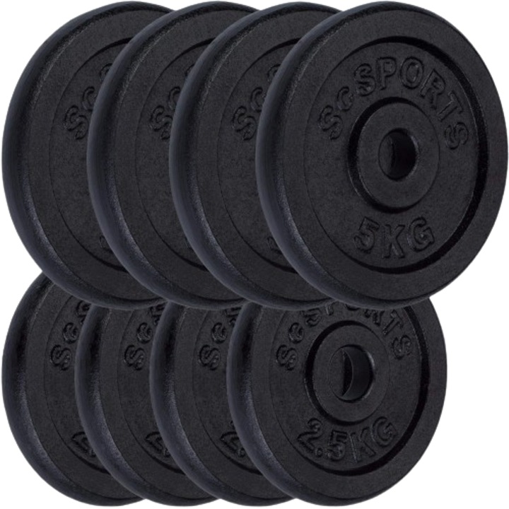 Set de discuri 30 kg (4 x 2.5 kg + 4 x 5 kg), 30/31 mm, fonta, negru, ScSports