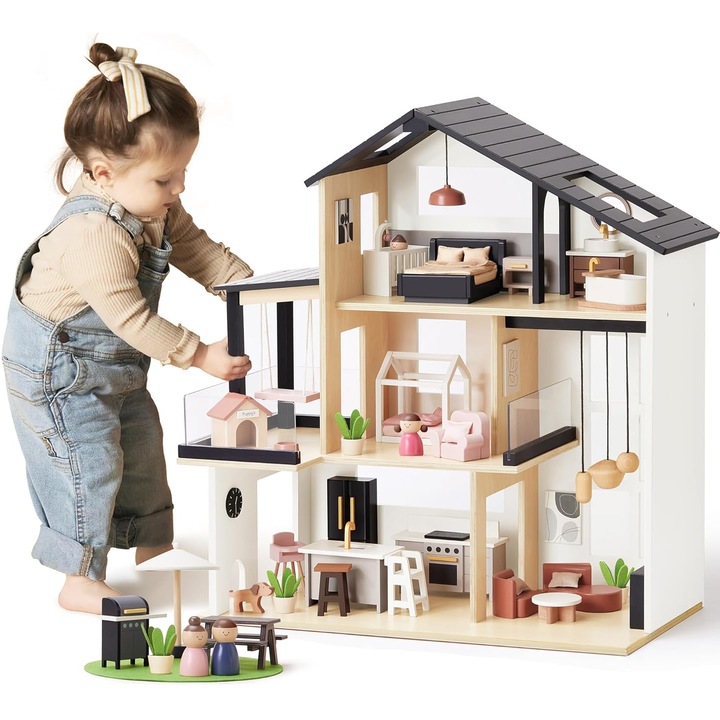Дървена къща за кукли BabyBoutique Indiggo® MDF с голяма тераса, градина и грил, 49 аксесоара, 3 етажа, две спални, всекидневна, таван, кухня, 4 фигурки, кученце, множество функции / движещи се части, модерен дизайн, 79 CM височина, бяло/ черен