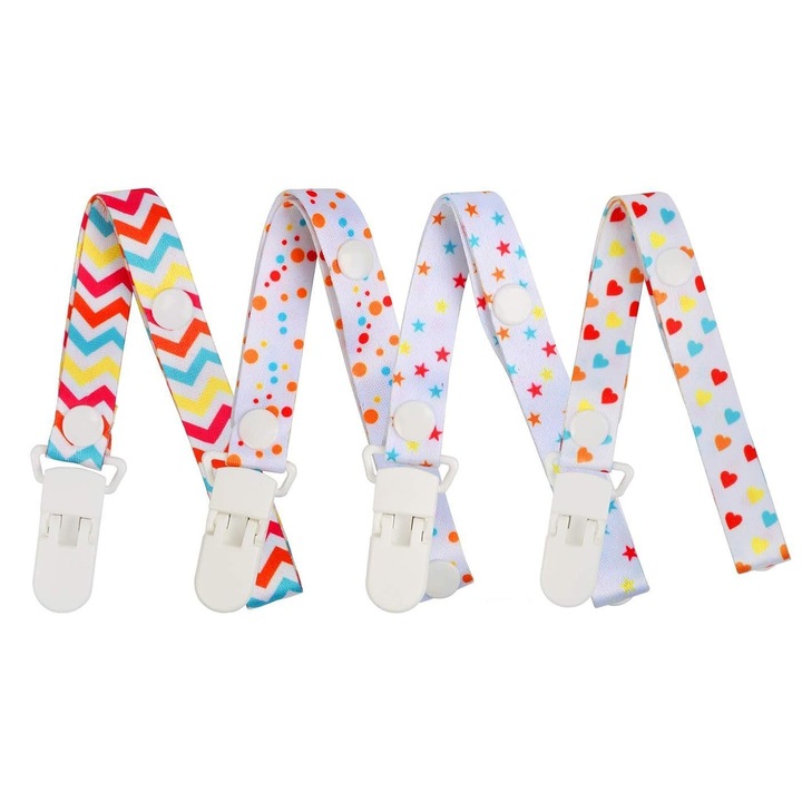 Lant suzeta sau jucarie cu clips, set 4 bucati, imprimeu colorat, lungime ajustabila