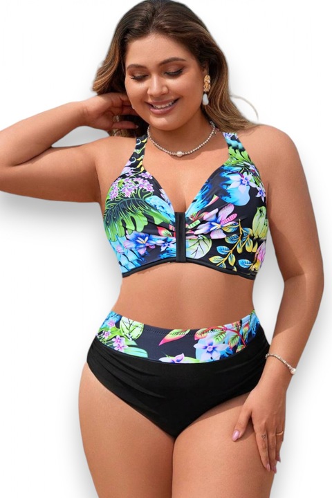 Női fürdőruha, 2 db, molett, magas derekú rövidnadrág, terjedelmes csésze 6883, Fekete