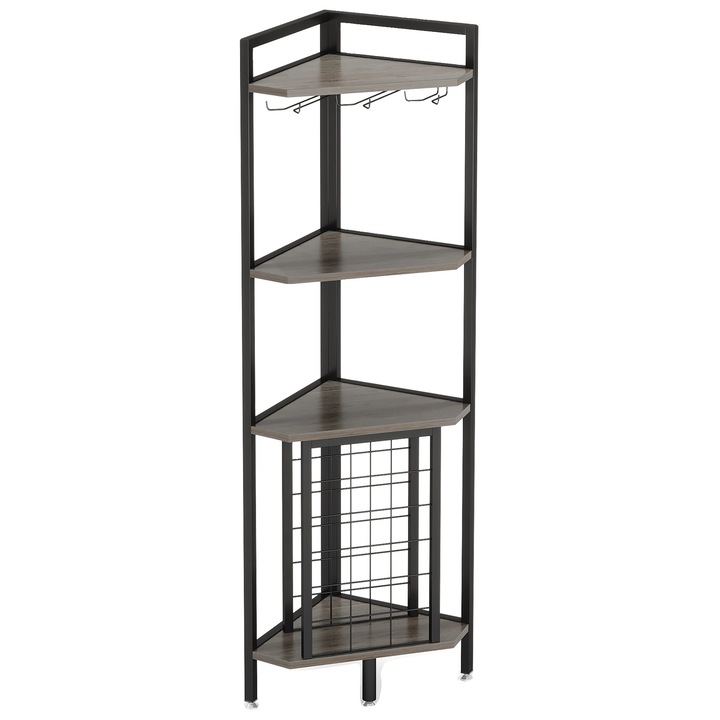 Ъглова поставка за вино, 4 нива, стъклена поставка, светло сива, 18 бутилки, МДФ и метална рамка