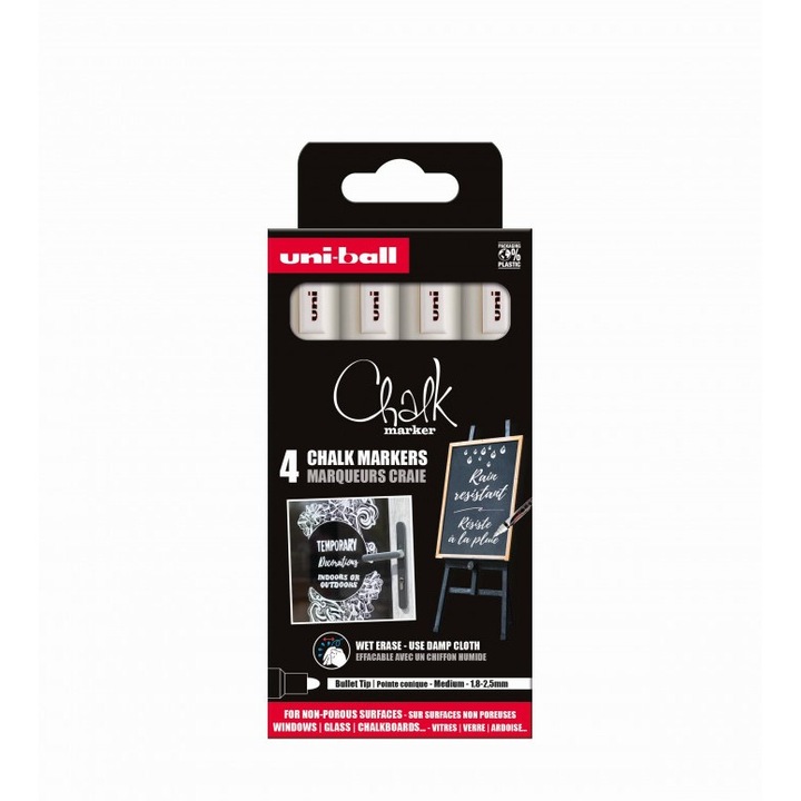 Маркери креда, UNI, PWE-5M, комплект 4 бр., бял