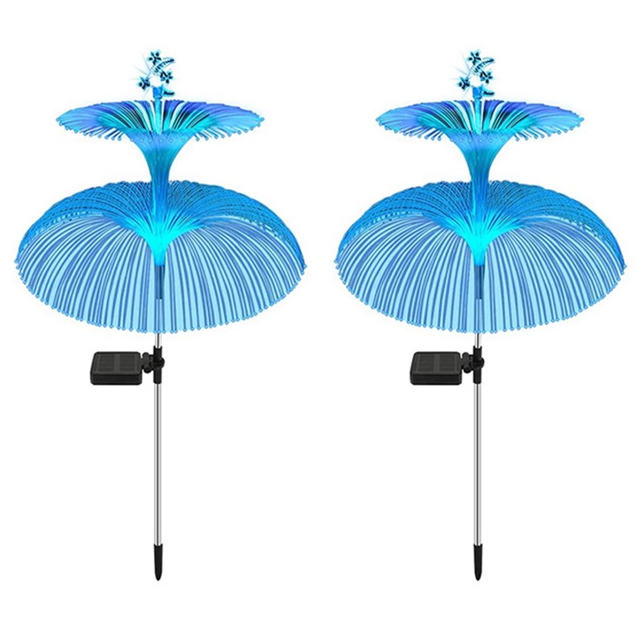Set 2 lampi solare de gradina, Cozevdnt, Meduze duble cu stea, Fibra, 7 culori gradient, IP65, 73x36cm, Albastru