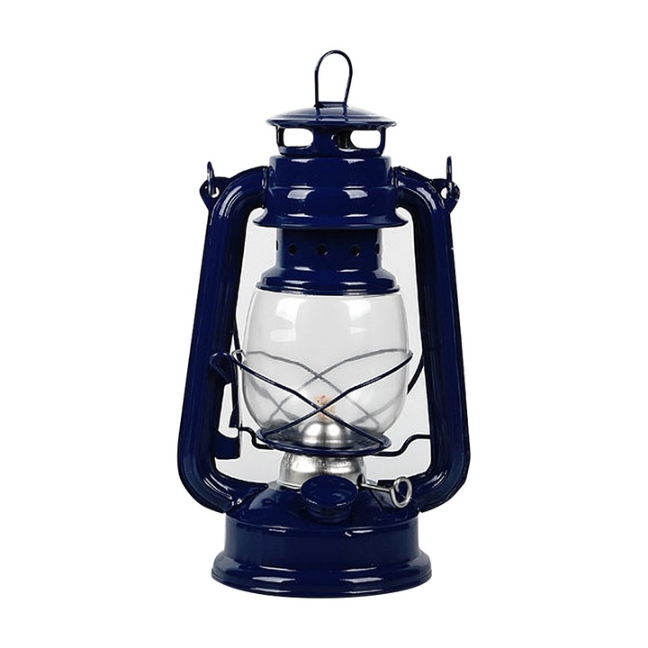 Lampa cu kerosen, Tabla / Pexiglas, Design retro, 25 x 15.5 cm, Albastru marin