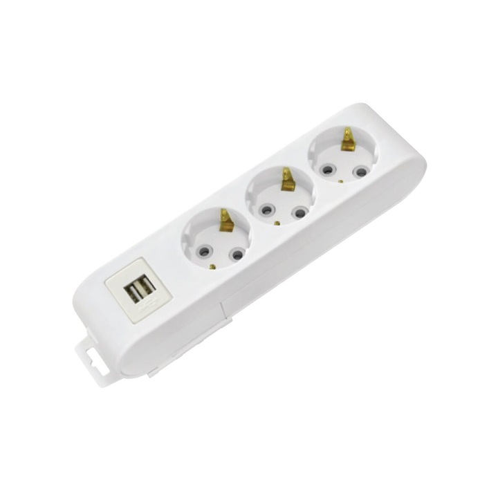 Удължител 3 слота, Бял, без кабел, Шуко, 2 x USB
