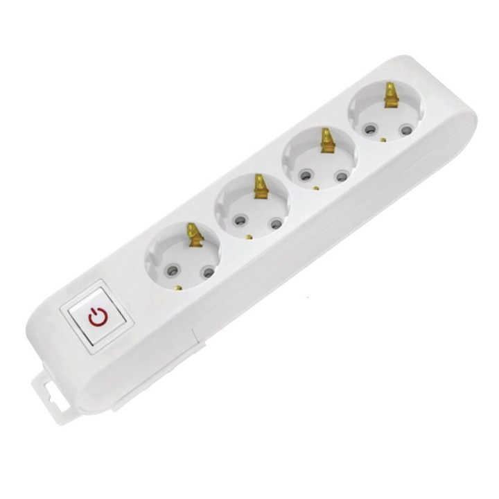 Удължител 4 гнезда, Бял, без кабел, Шуко, IP20, Превключвател