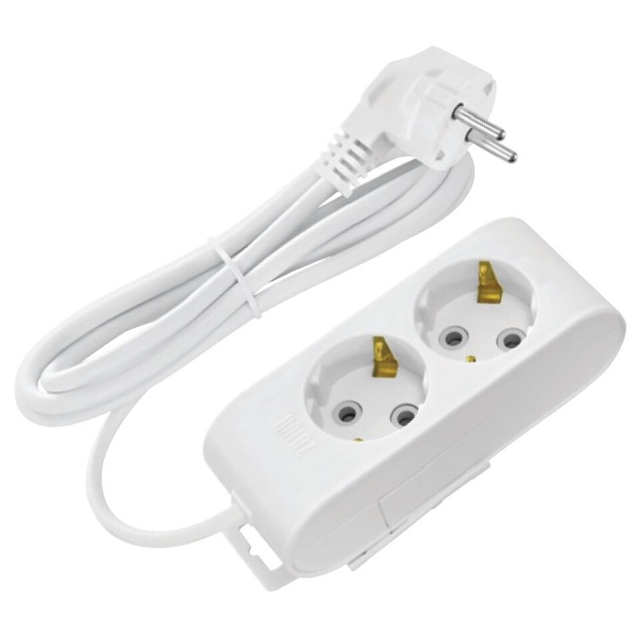 Удължителен кабел 2 слота, Дължина 3 м, Бял, Шуко, IP20