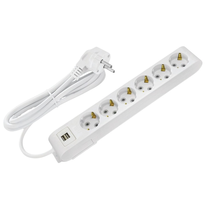 Prelungitor 6 locasuri, Lungime 7 m, Alb, Schuko, IP20, 2 x USB