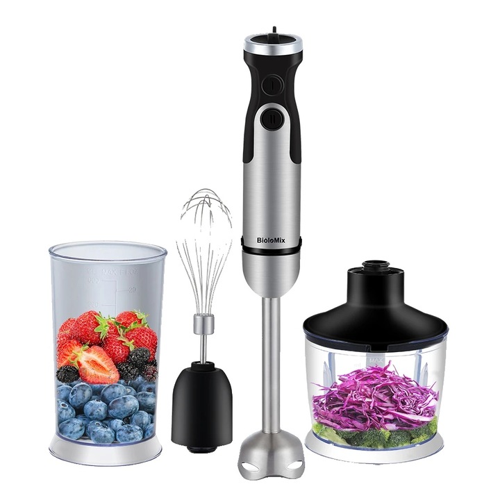 Blender de mana 4 in 1 BIOLOMIX, 1200W, 6 viteze, Multifunctional, Negru/Argintiu