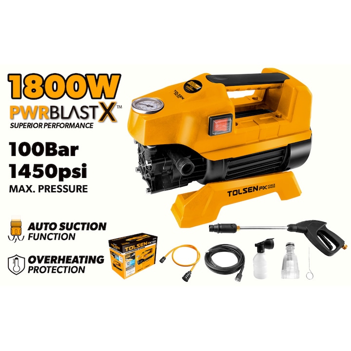 Aparat de spălat cu presiune TOLSEN 1800W, 100 bar, PwrBlastX FX Force Xpress, 6.5L/min, Funcție autoaspirare, Protecție supraincalzire, Furtun 8m, Pistol cu duza reglabilă, Accesorii incluse, Uz industrial