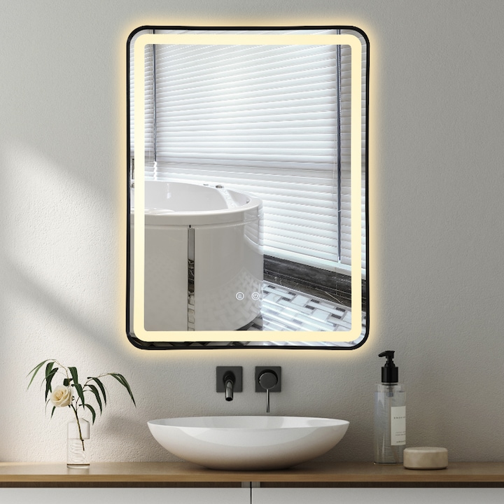 Oglinda baie Premium iluminare Led fata si lateral-60x80 cm, Rama neagra, cu protectie led antiumezeala, dezaburire si trei tipuri de lumina cu reglare intensitate Flr 039BK