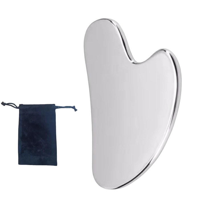 Piatra Gua Sha enkourakoko® metalic, pentru ingrijire faciala prin rejuvenare si reflexologie/masaj facial, otel inoxidabil