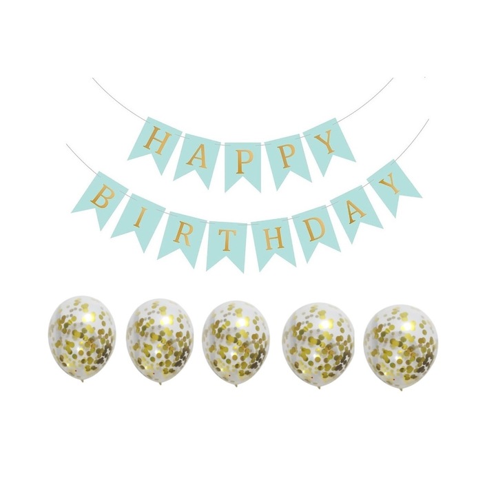 HAPPY BIRTHDAY transzparens szett, 5 db átlátszó lufi belül arany konfettivel, 16cm x 11 cm, kék, HAPPY JOKER