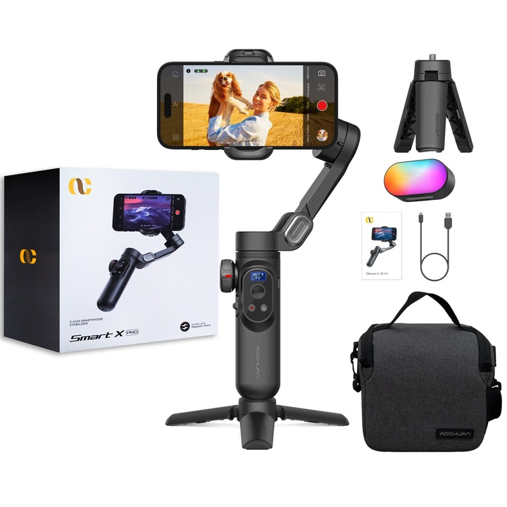 Система за стабилизиране на Gimbal, Excitat®, 3-осен LED, OLED дисплей, Aochuan Smart X Pro, проследяване на лица, RGB магнитна светлина, безжично зареждане за мобилни телефони, литиево-йонна сменяема батерия 3200mAh, App Store, черен
