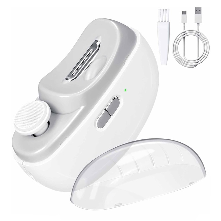 Professzionális elektromos körömvágó, NUODWELL, Alacsony zajszint, Egykattintásos működés, 2 sebesség, Törmeléktároló, USB-C töltőport, Gyerekeknek, felnőtteknek és időseknek, ABS/Rozsdamentes acél, 85x68mm, Fehér
